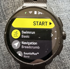 Suunto Race 2 standard Swimrun sport mode profile on the watch, used for auto transition testing
