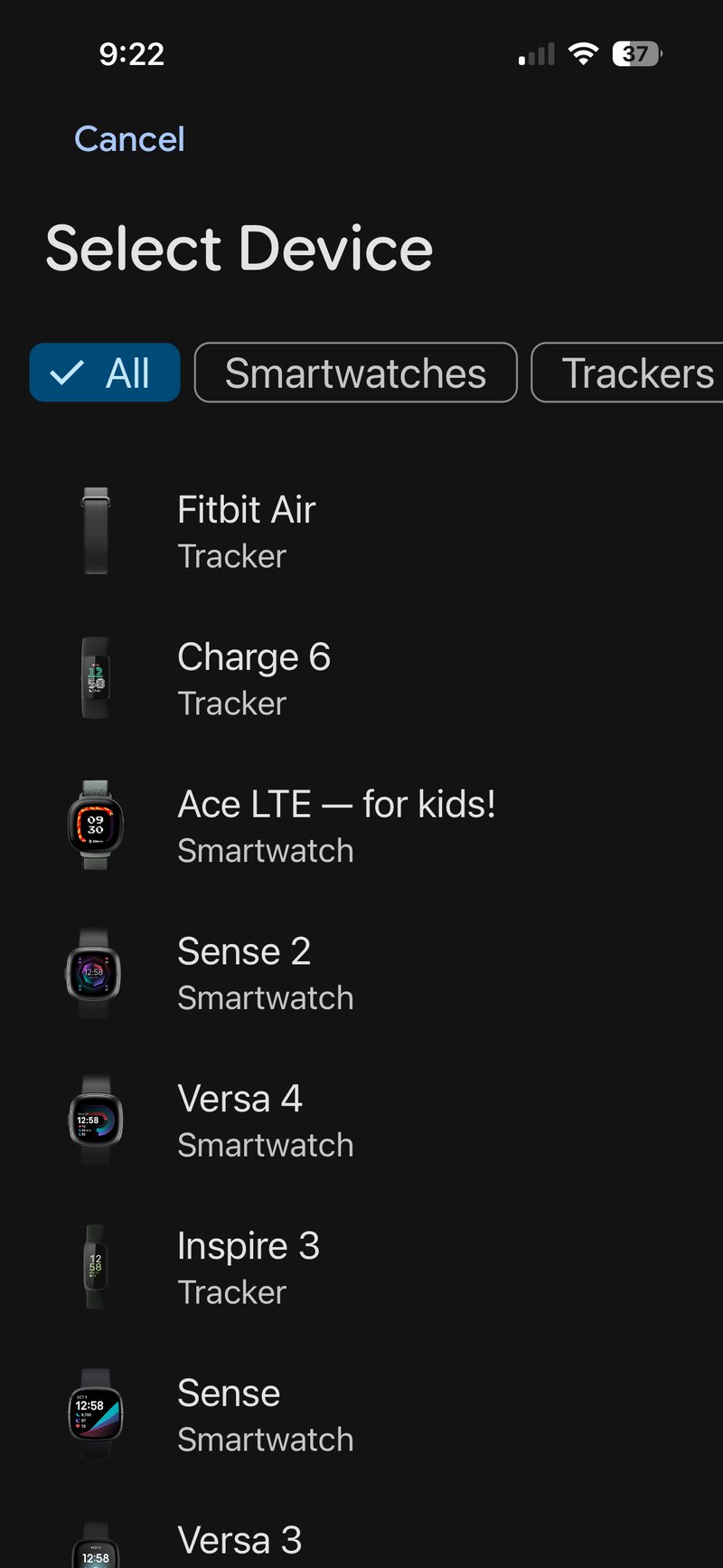 Google Health app device pairing list on iOS showing Fitbit Air supported and Pixel Watch 4 absent