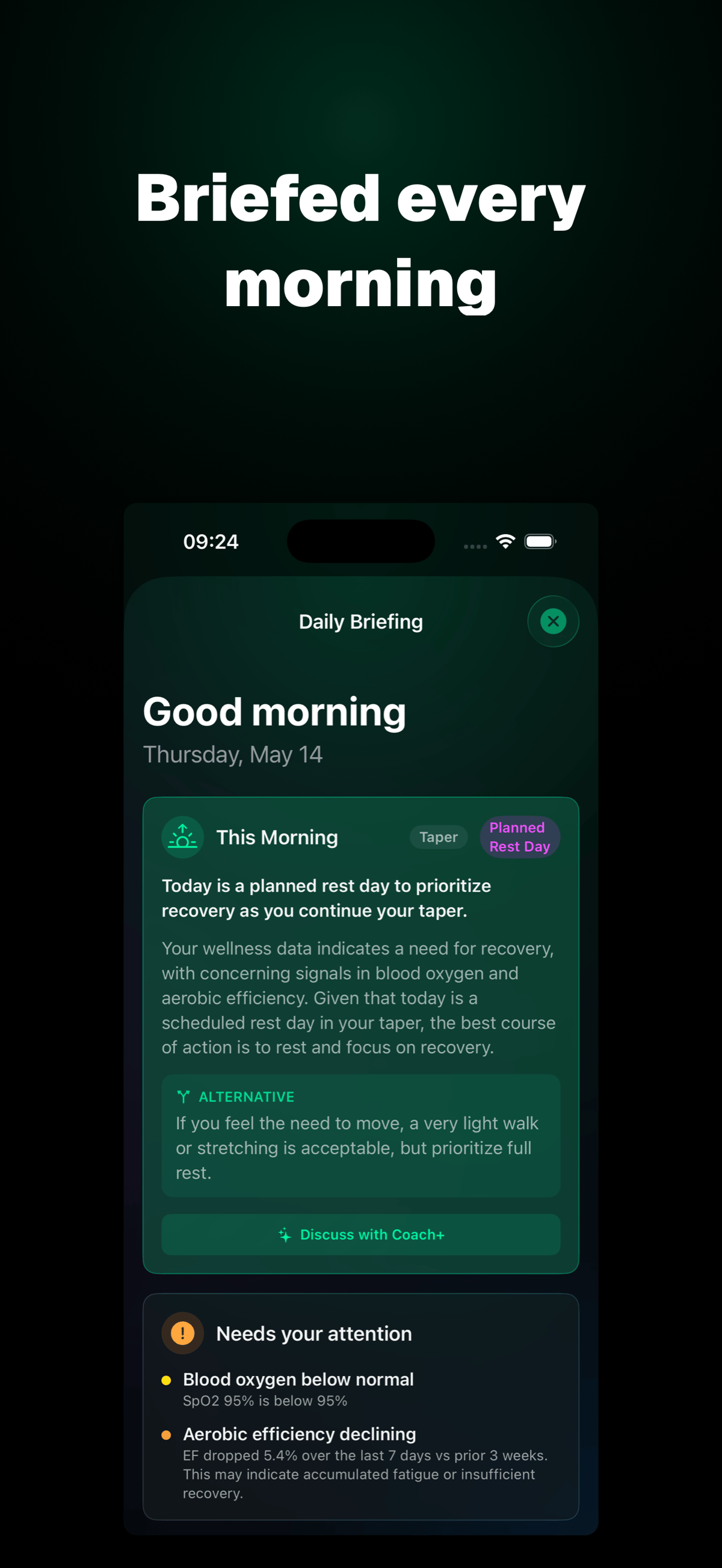 IntervalCoach daily briefing screen showing today's readiness status, the adjusted workout, and the coaching note explaining why the session was chosen.