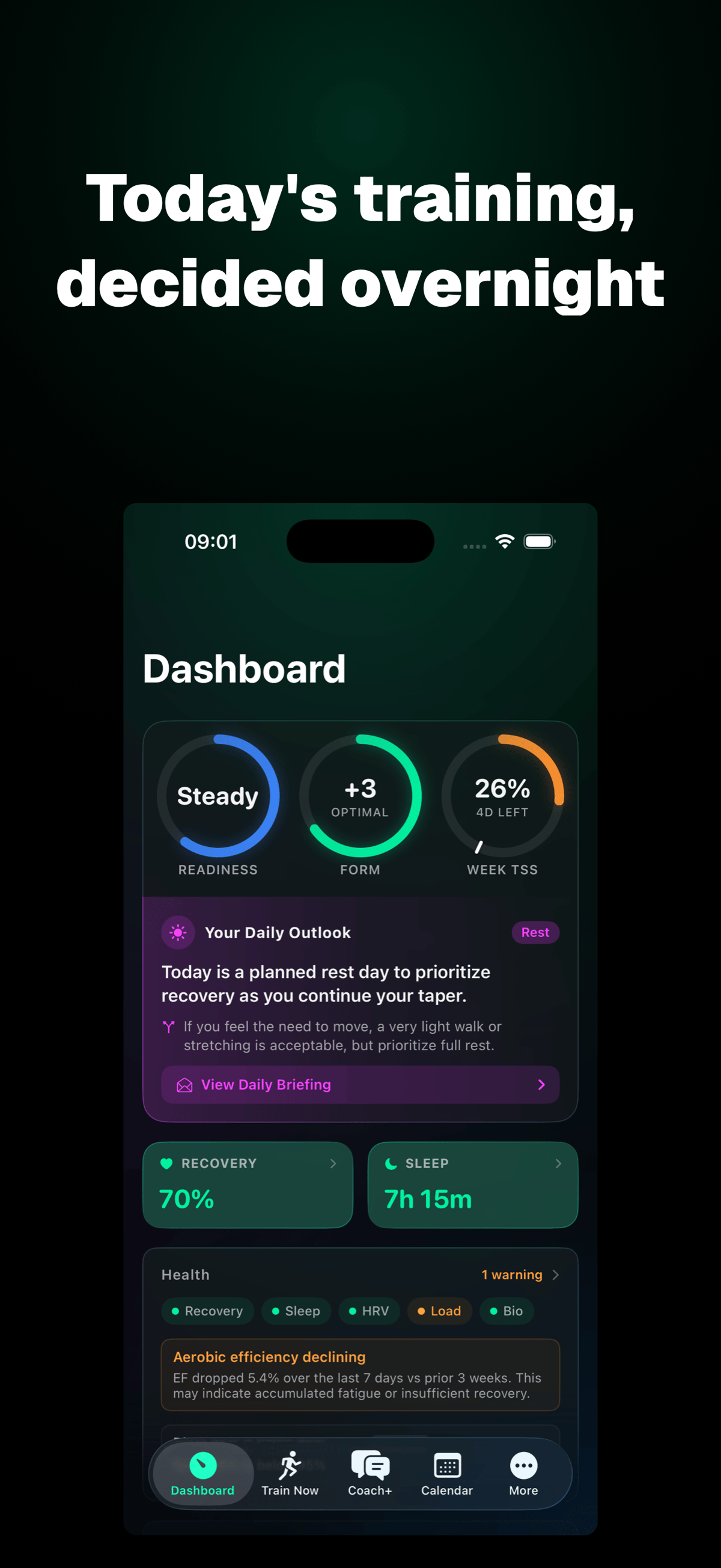 IntervalCoach dashboard view on iPhone showing the weekly training plan with daily sessions across cycling, running and recovery.