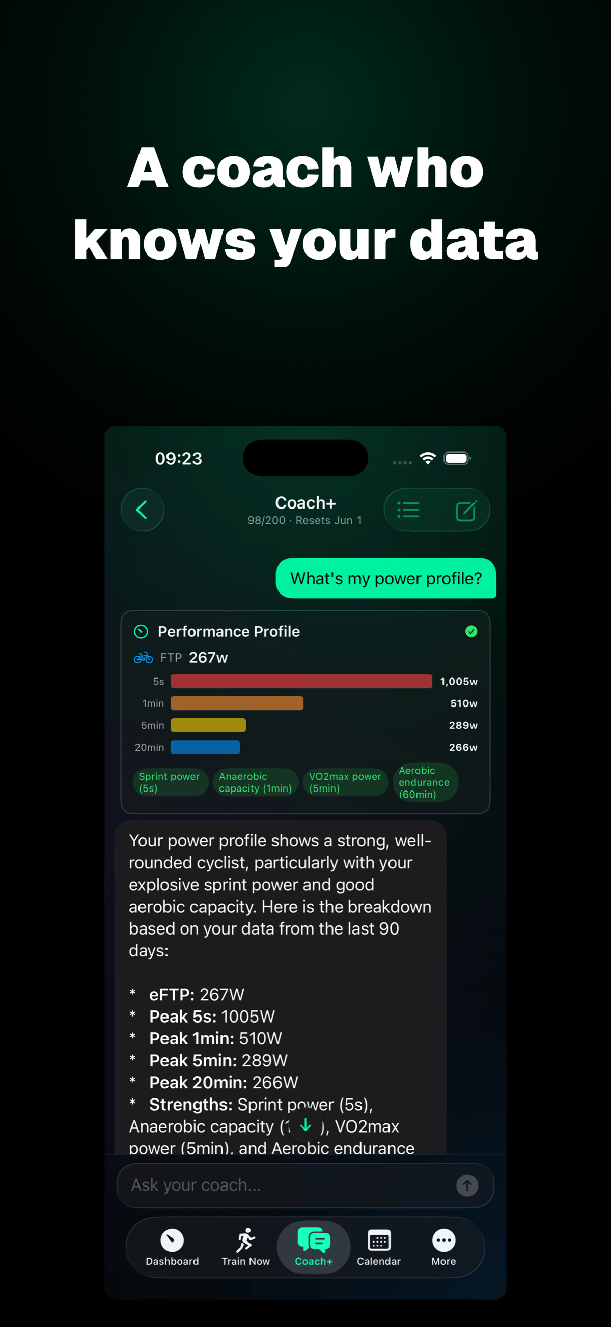 IntervalCoach Coach+ conversational AI chat interface, where the athlete asks about workout tweaks, race-day pacing and plan changes.