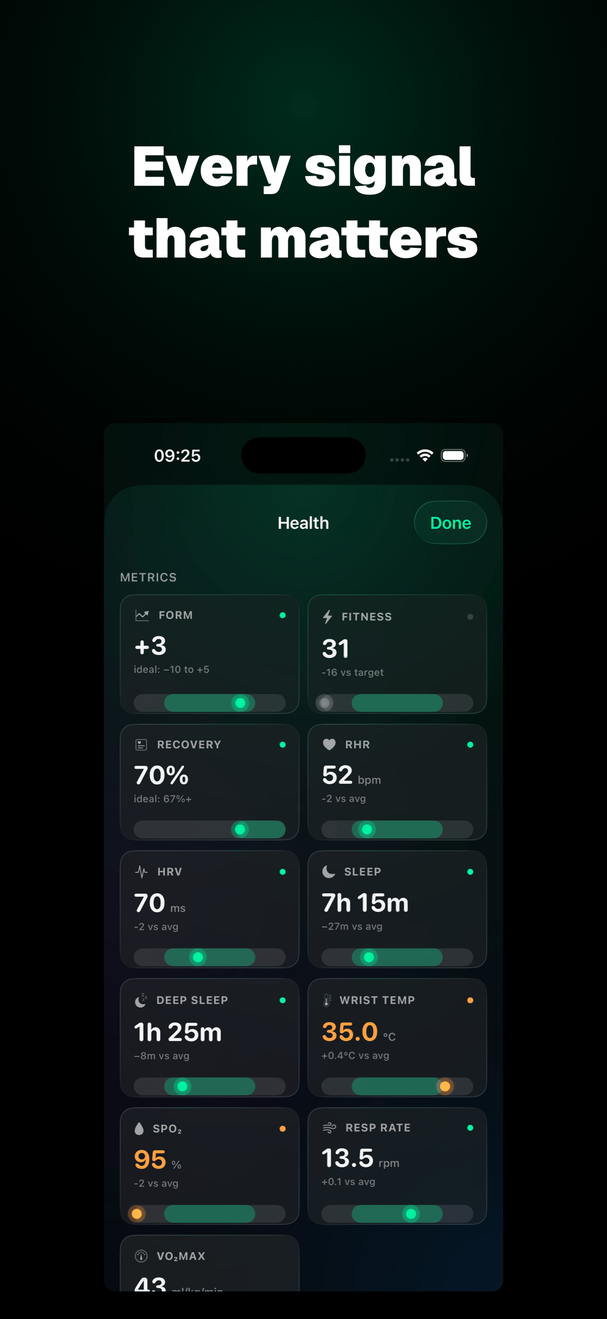 IntervalCoach health and recovery view showing HRV, sleep, training load and other readiness signals pulled in from connected wearables.