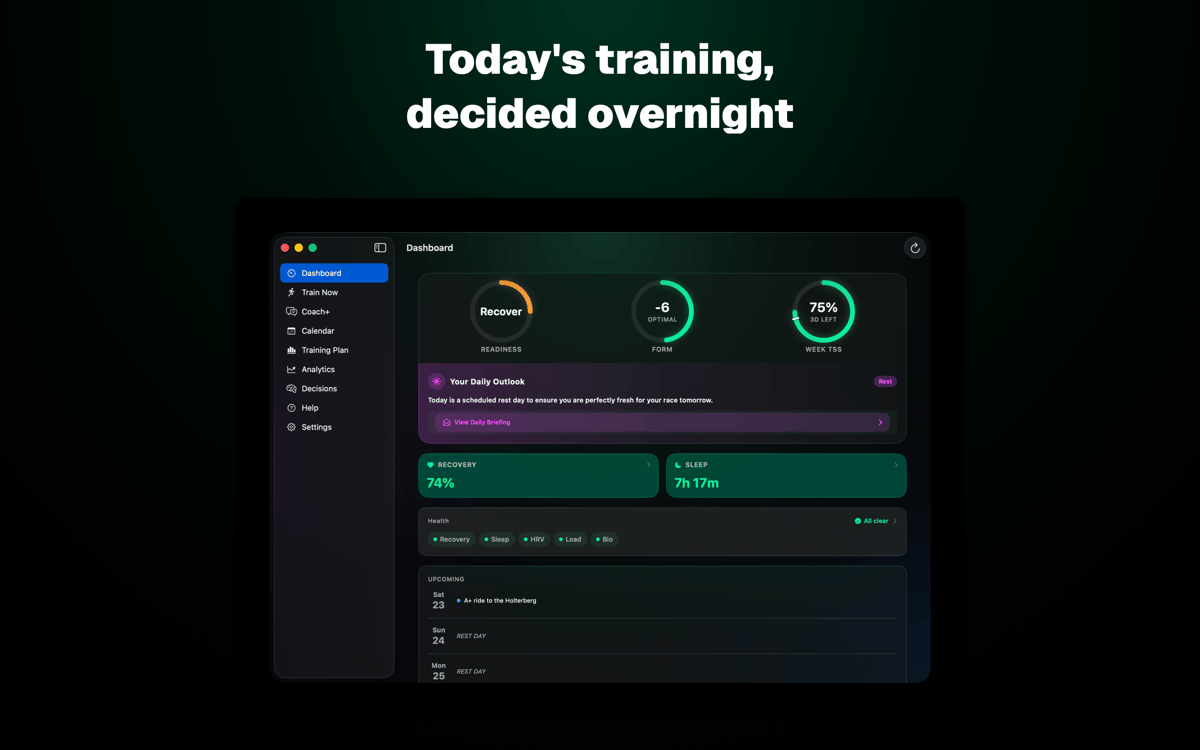 IntervalCoach Mac desktop app showing the weekly training plan, fitness charts and recovery status on a larger screen.
