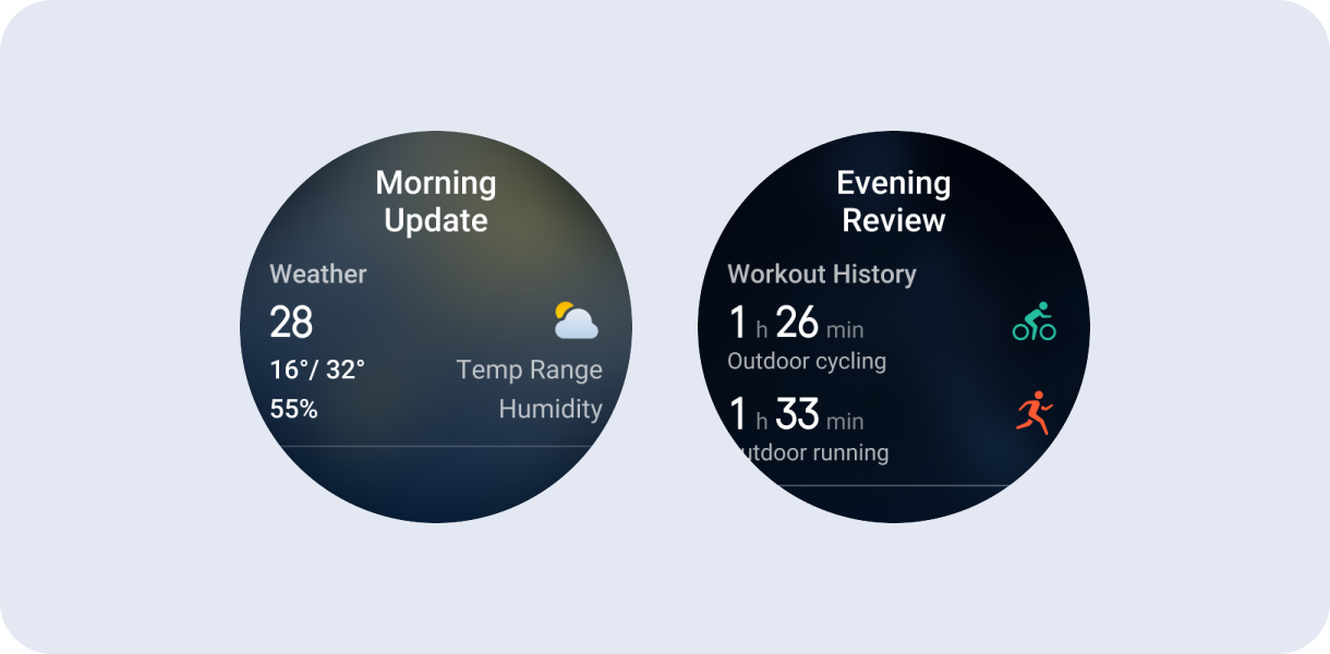 Amazfit Daily Briefing morning and evening summary screens on Balance 3
