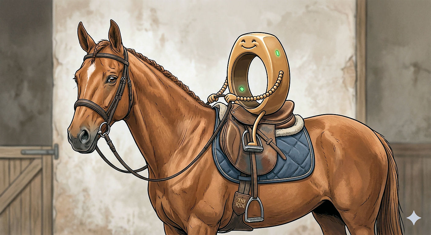 A horse in a relaxed photorealistic style - wearing a saddle, with an super sized cartoon Oura Ring sitting in the saddle, smiling as the rider. The horse glances sideways at the viewer with a mildly knowing expression. Neutral warm background. Editorial illustration style, clean lines, muted palette.