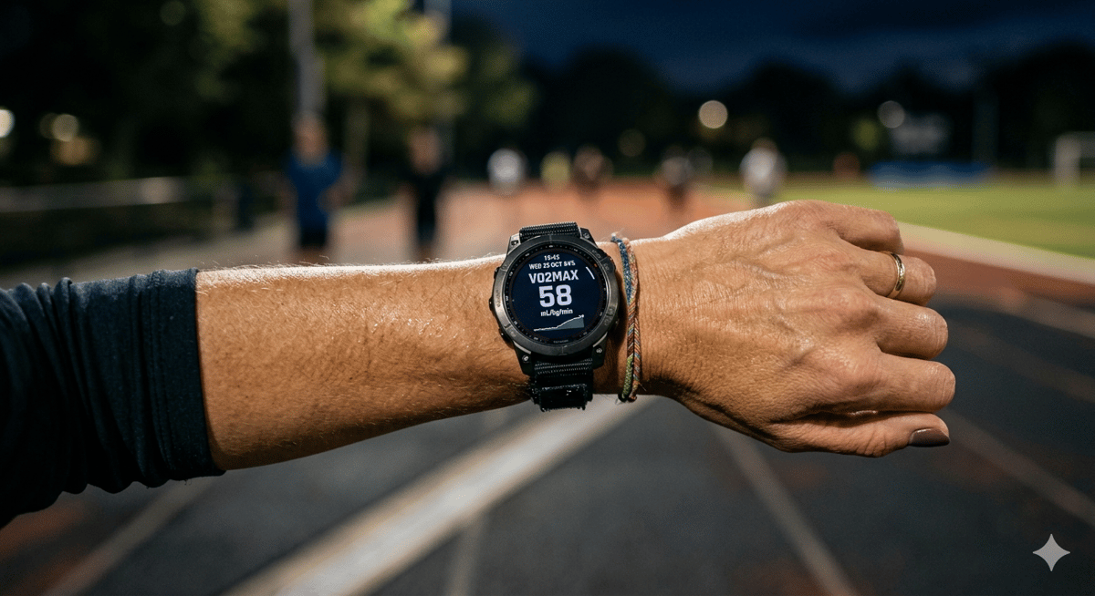Female runner's wrist showing VO2MAX readout on sports watch face, illustrating accuracy limitations of wearable VO2max estimates for women athletes