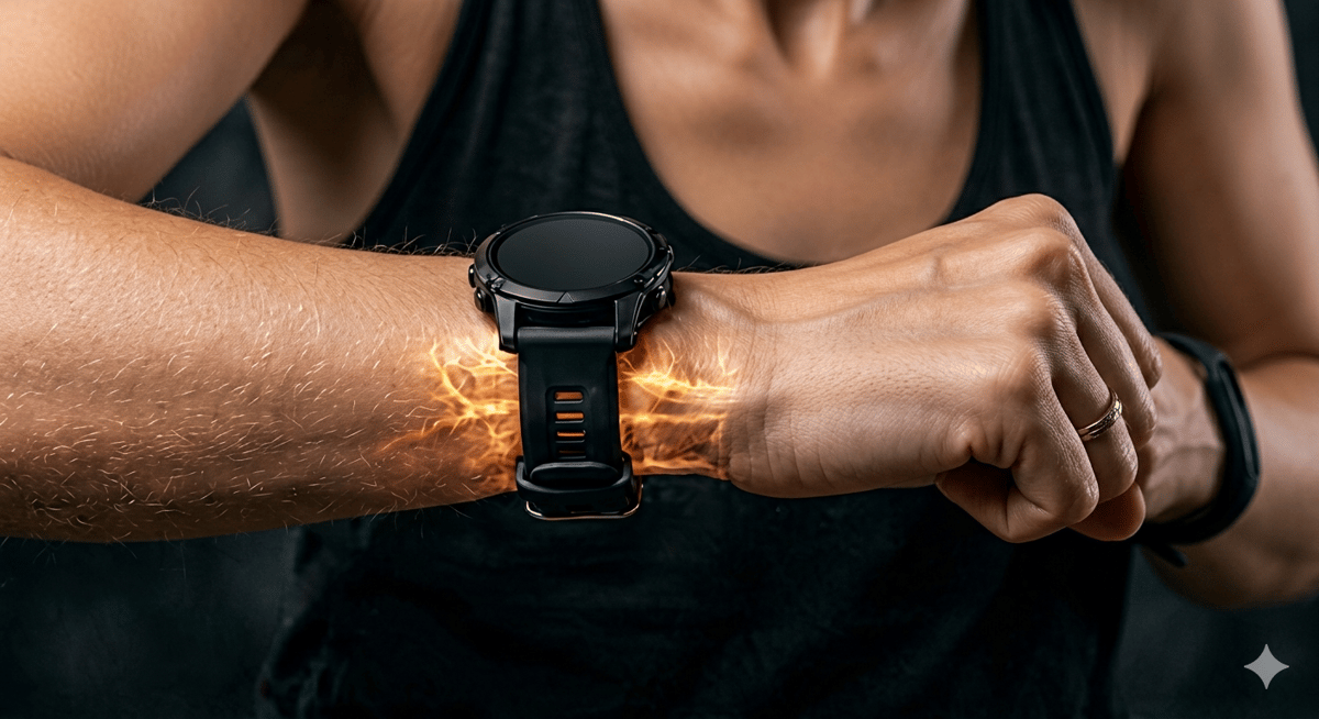 Female runner's wrist with sports watch showing faint amber glow through skin, representing body temperature changes driven by progesterone across the menstrual cycle