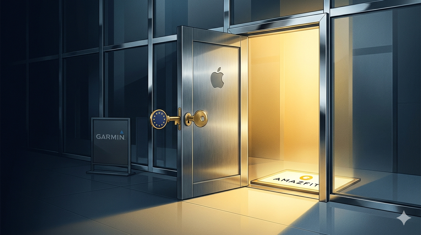 Illustration: EU key unlocks Apple's door, Amazfit walks through, Garmin watches from outside