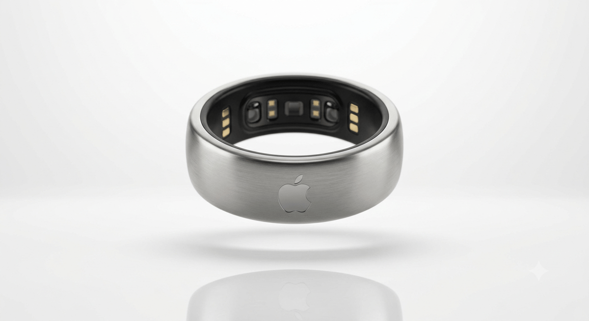 Apple iRing smart ring concept showing optical sensors on inner band surface and Apple logo etched on outer titanium ring