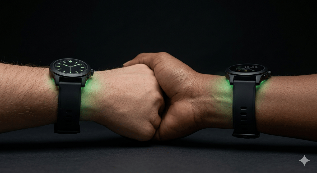 Two wrists side by side showing green light glowing through skin from optical heart rate sensors, illustrating how PPG accuracy may differ across skin tones