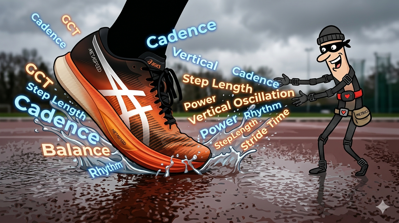 Extreme close-up of a running shoe mid-stride about to toe-off, filling most of the left side of the frame, cutting off the leg entirely or showing only the faintest hint of ankle at the top edge.