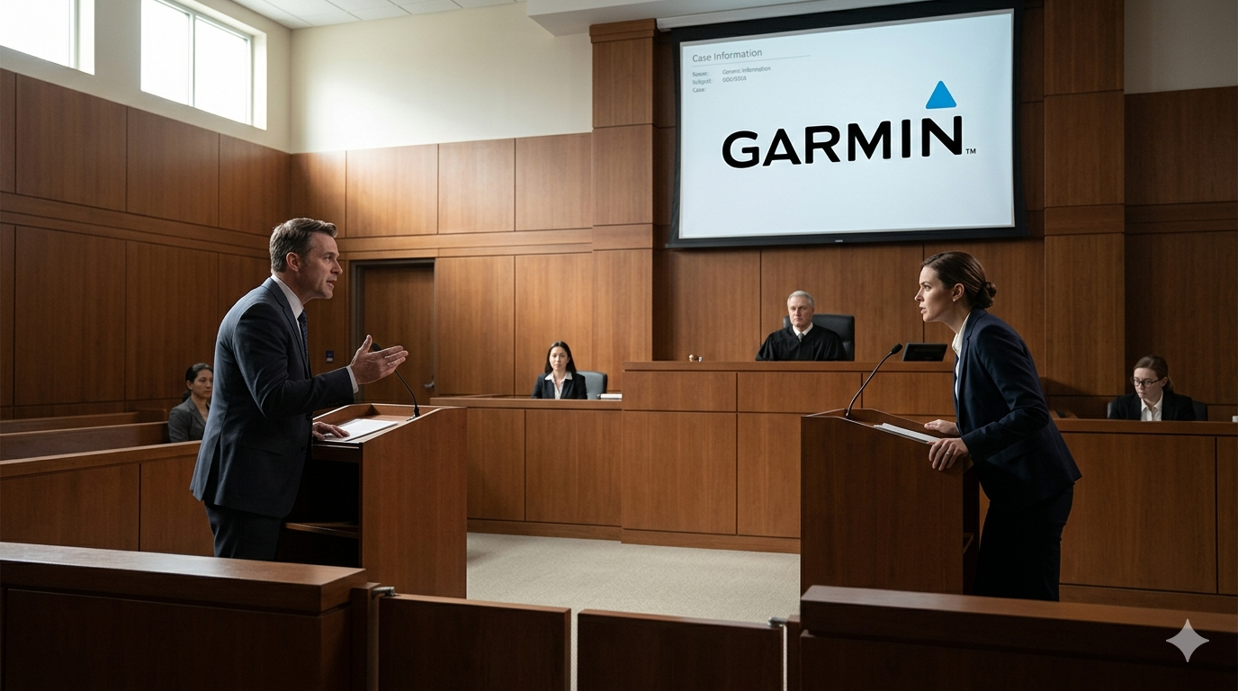 Garmin lawsuit courtroom scene with two lawyers arguing before a judge