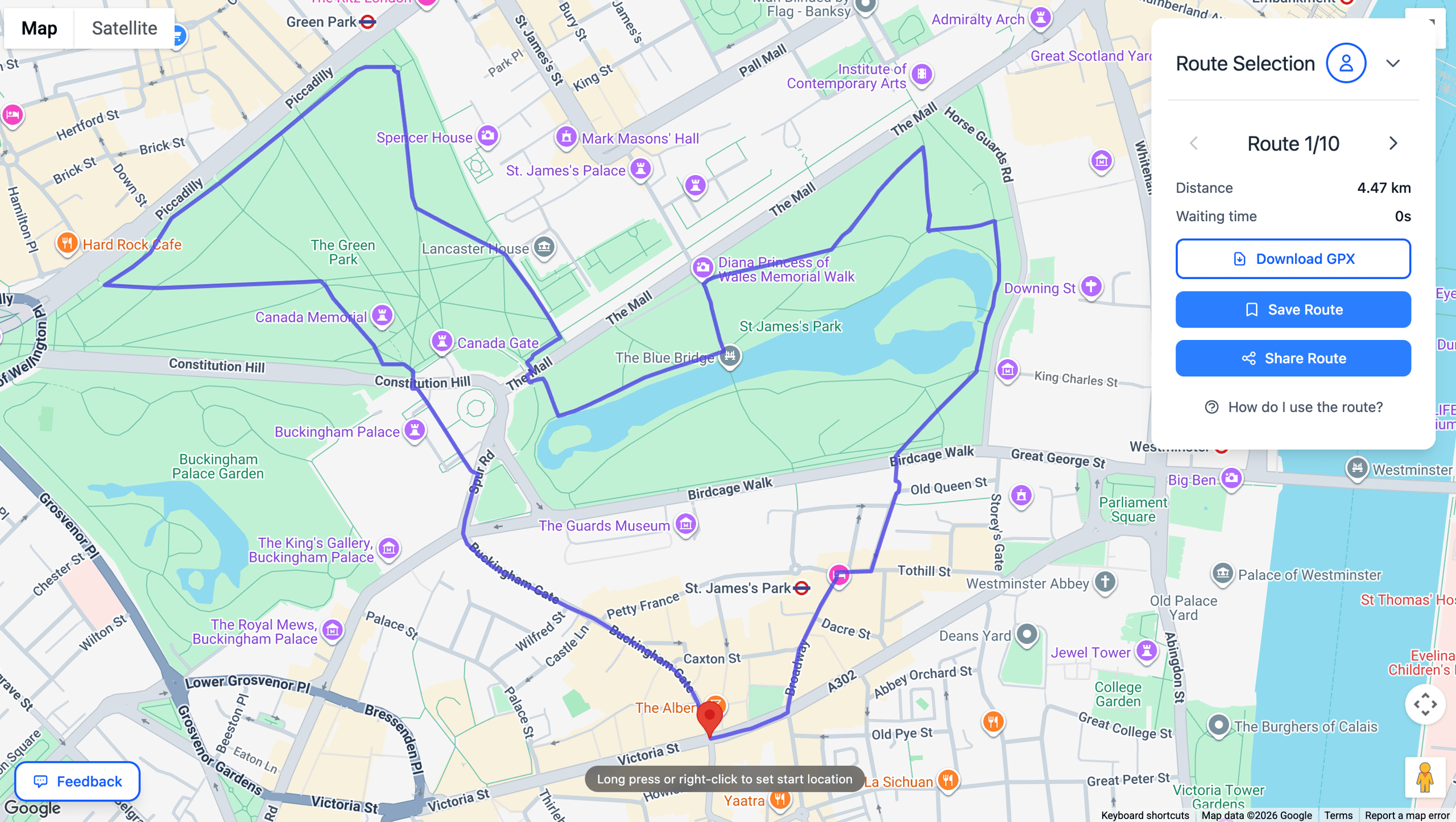 How it Works 3: A screenshot from bloote.co showing an example where the user is viewing the first suggested route.