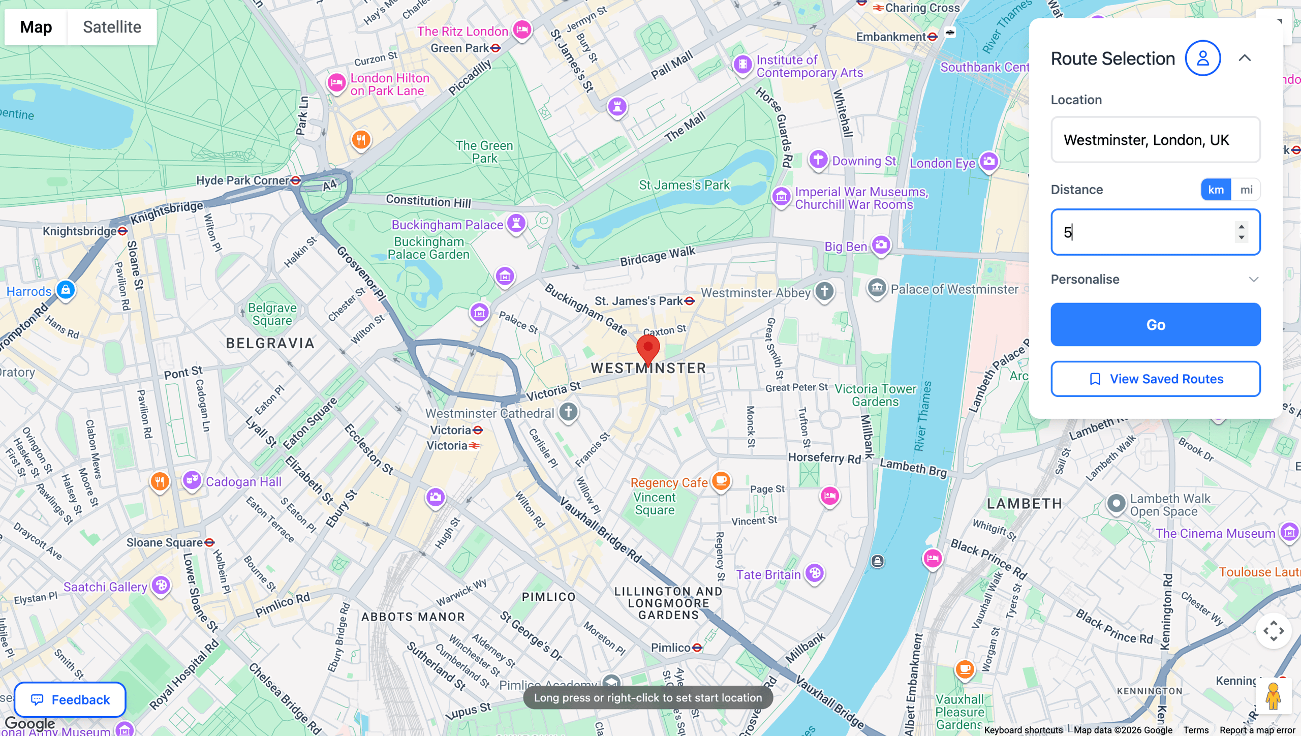 How it Works 1: A screenshot from bloote.co showing an example where the user has inputted their desired distance and location.