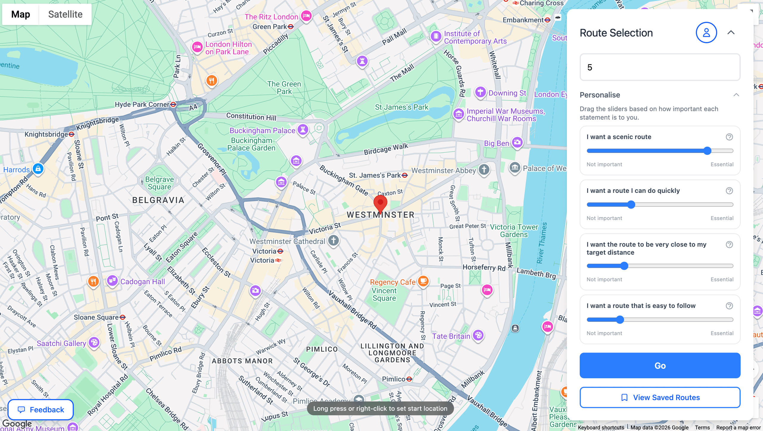 How it Works 2: A screenshot from bloote.co showing an example where the user has selected their preferences for the route.
