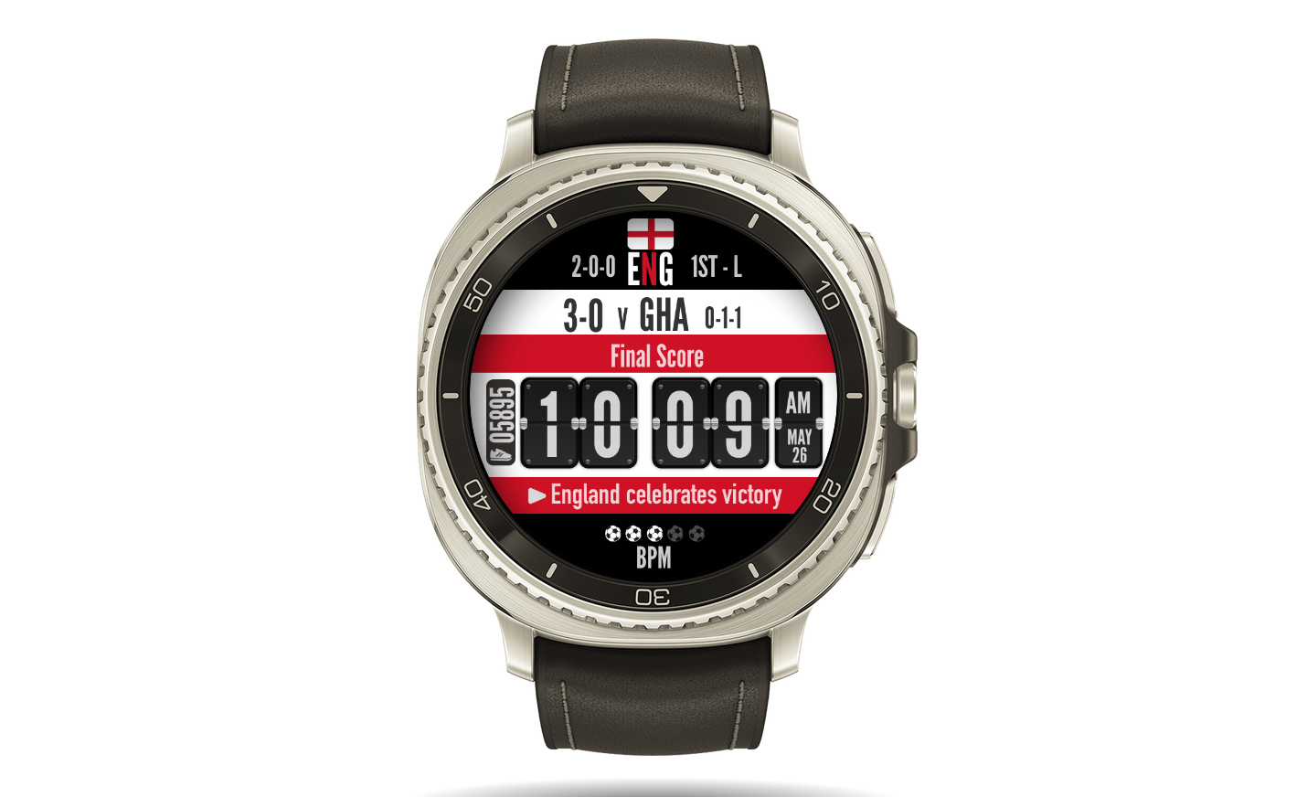 Kick It World Cup 2026 watch face by Facer and Citizen showing live scores and team colours on a Wear OS smartwatch