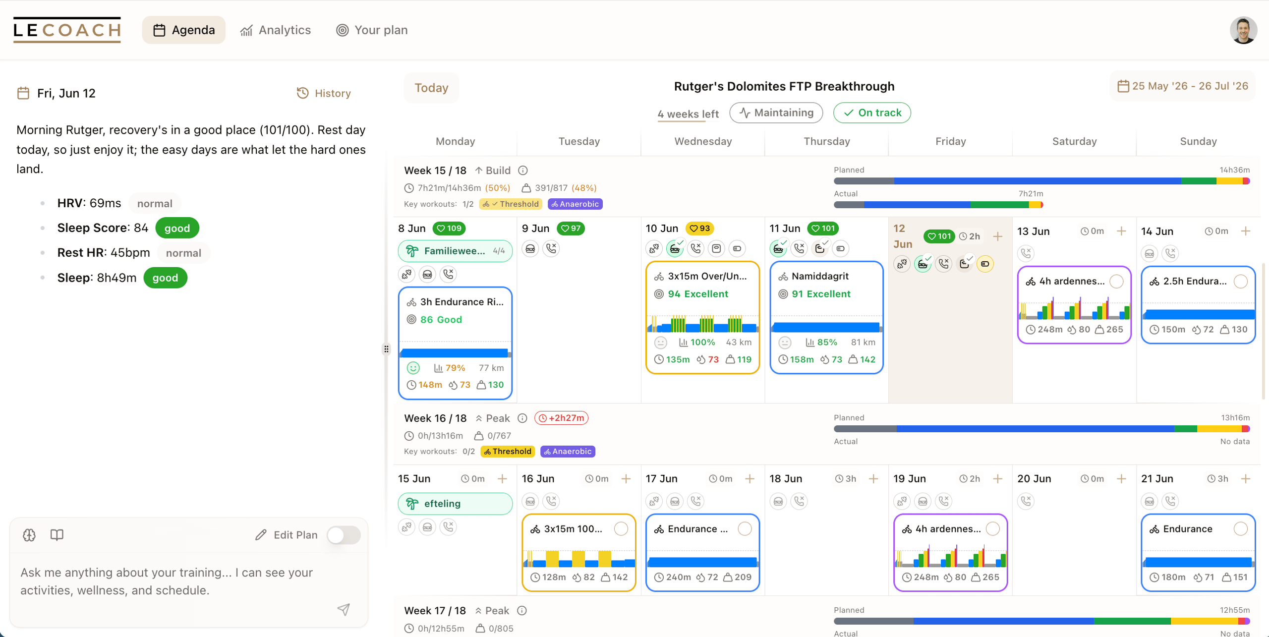 LeCoach AI cycling and running coach calendar agenda showing synced workouts, activities and wellness data
