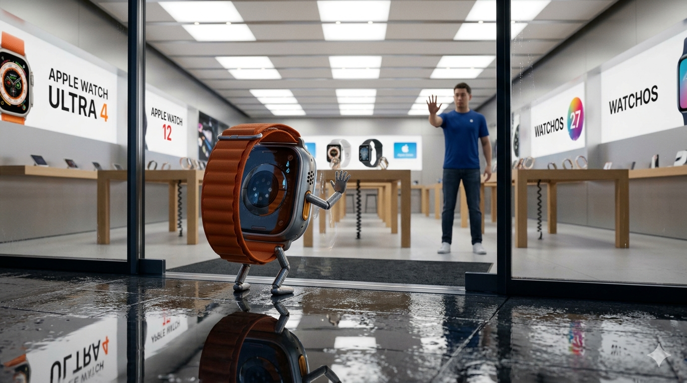 Apple Watch Ultra 1 with orange Alpine Loop locked out of an Apple Store at night while newer models are displayed inside