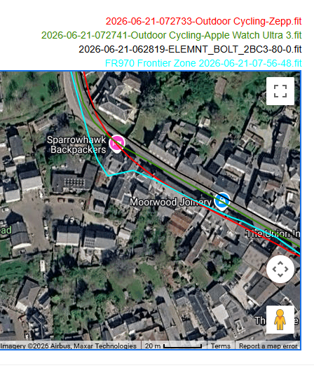 Garmin Forerunner 970 GPS deviation through village Dartmoor Classic worn on inside of wrist
