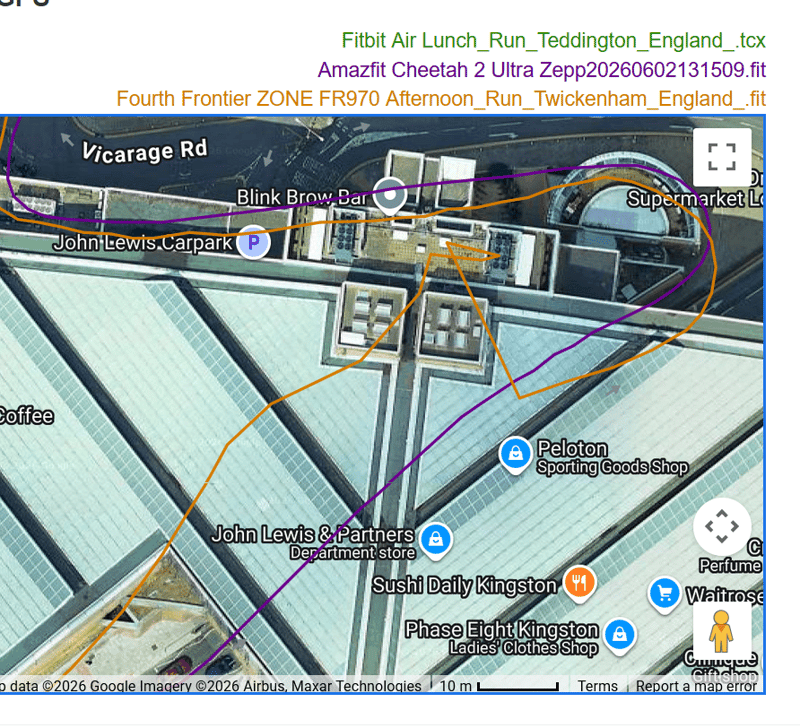 amazfit cheetah 2 ultra gps test 10 mile route next to tall building then sharp into a long tunnel - oops