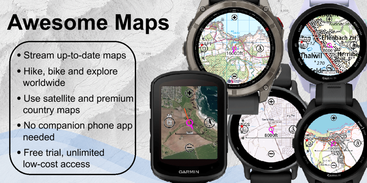 Awesome Maps showing Ordnance Survey, Swisstopo, LINZ, Open Hiking Map and TomTom satellite tiles rendered on Garmin devices.