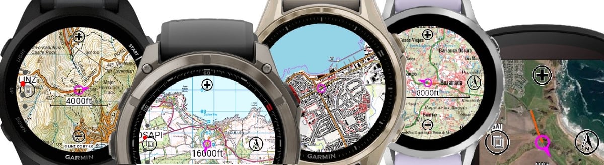Awesome Maps running on a range of Garmin watches and head units, displaying Ordnance Survey topographic detail across multiple device sizes.