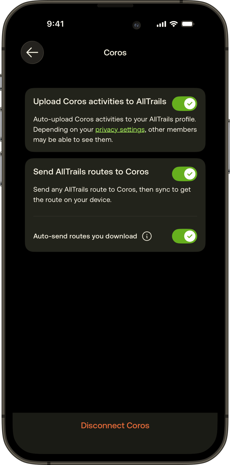 COROS app Connected Devices screen showing AllTrails two-way sync toggles