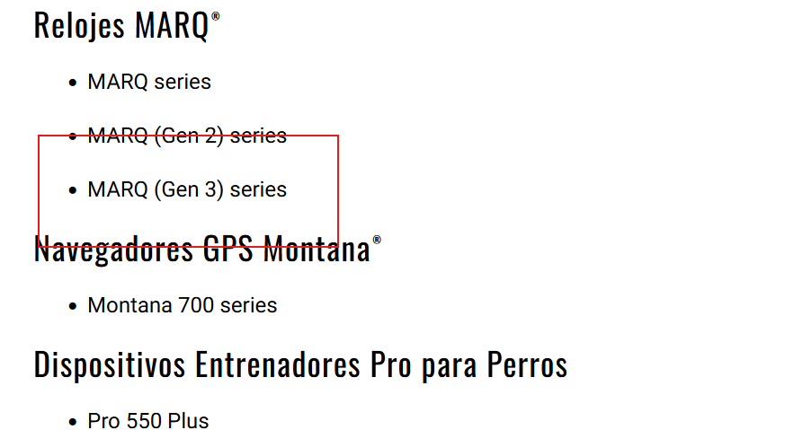 Garmin Spanish support page listing MARQ (Gen 3) series under Relojes MARQ