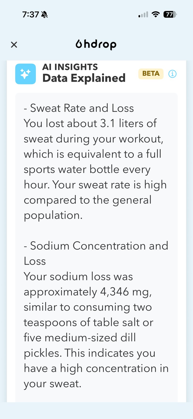 hDrop AI summary — sweat volume and sodium analysis from HYROX Sim 16x session