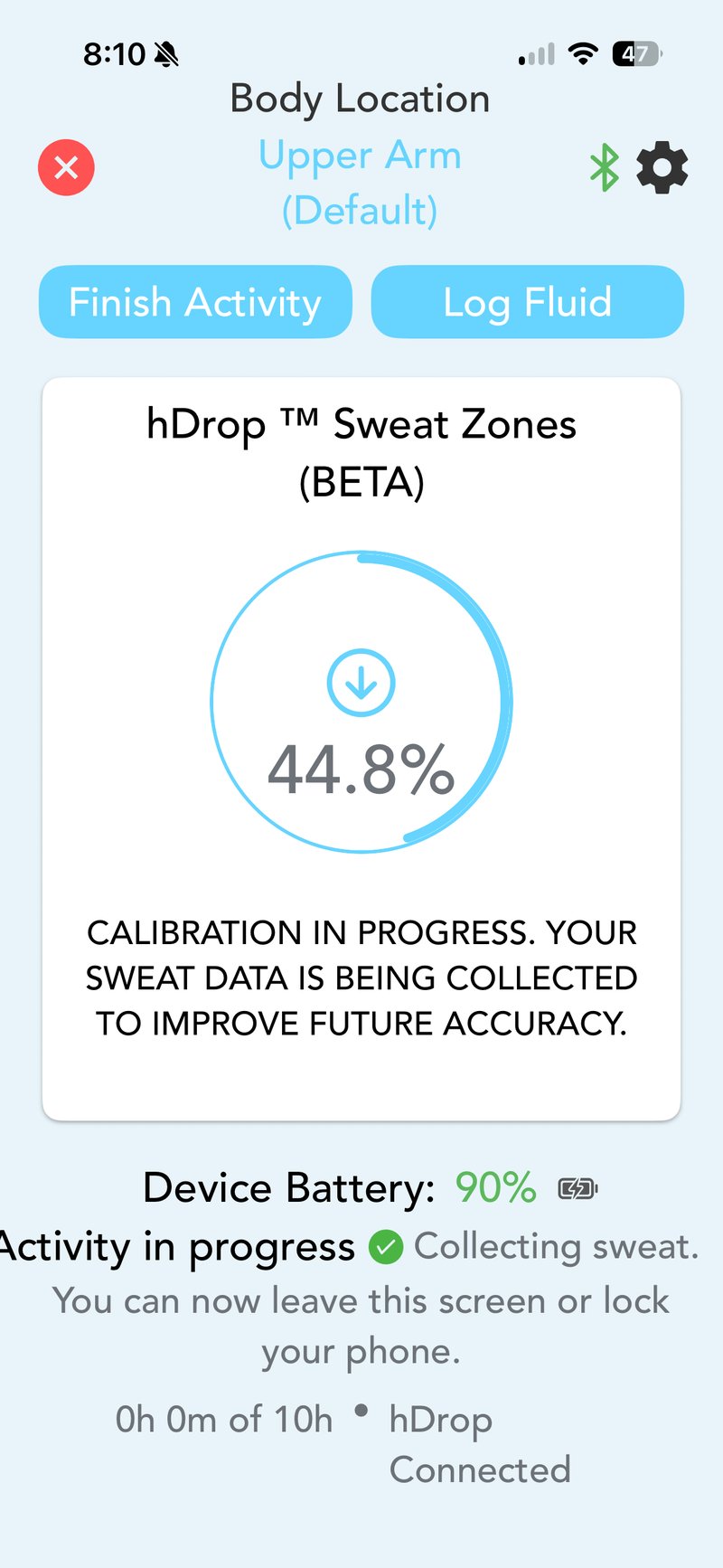 hDrop app calibration in progress screen during HYROX half sim gym session