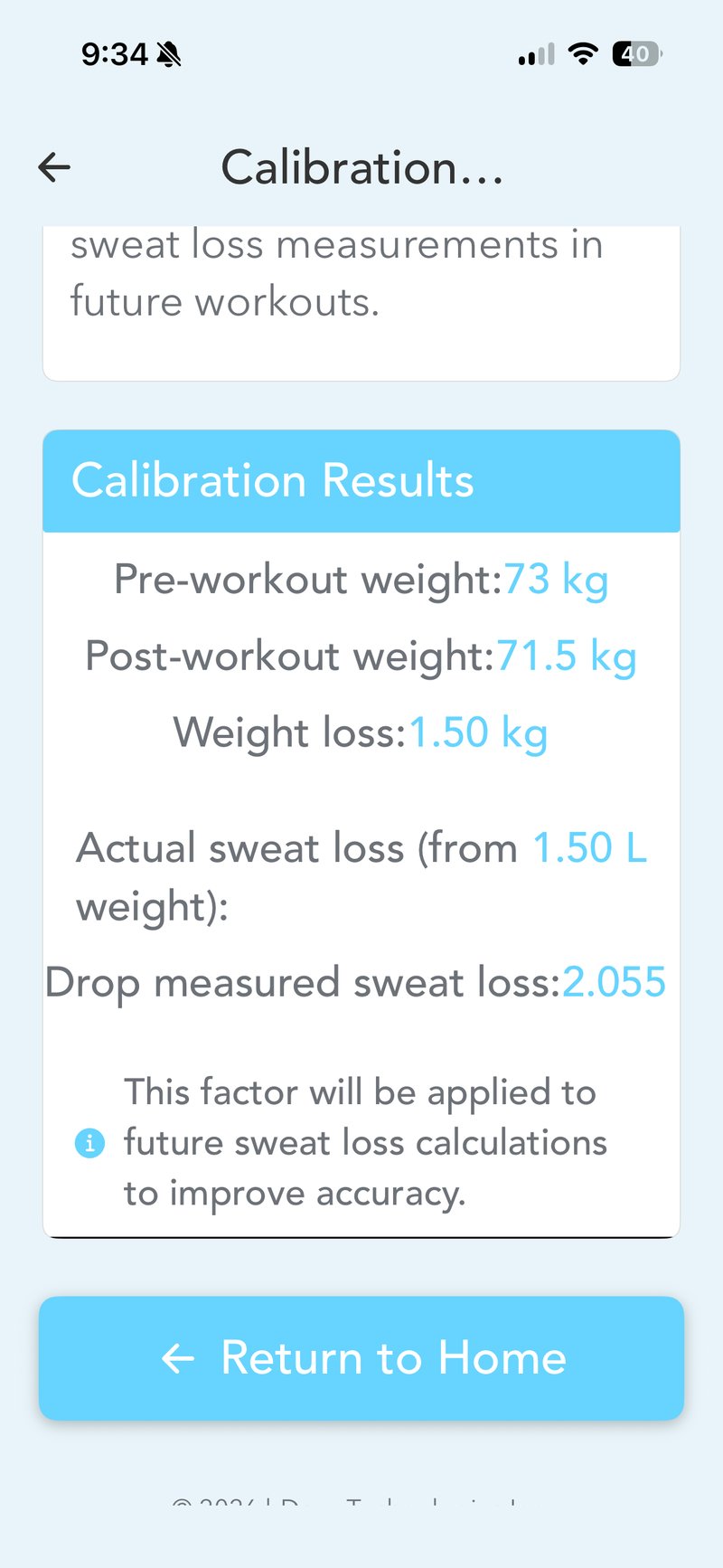 hDrop calibration results screen showing 1.50 kg body weight loss versus 2.055 L hDrop fluid loss estimate