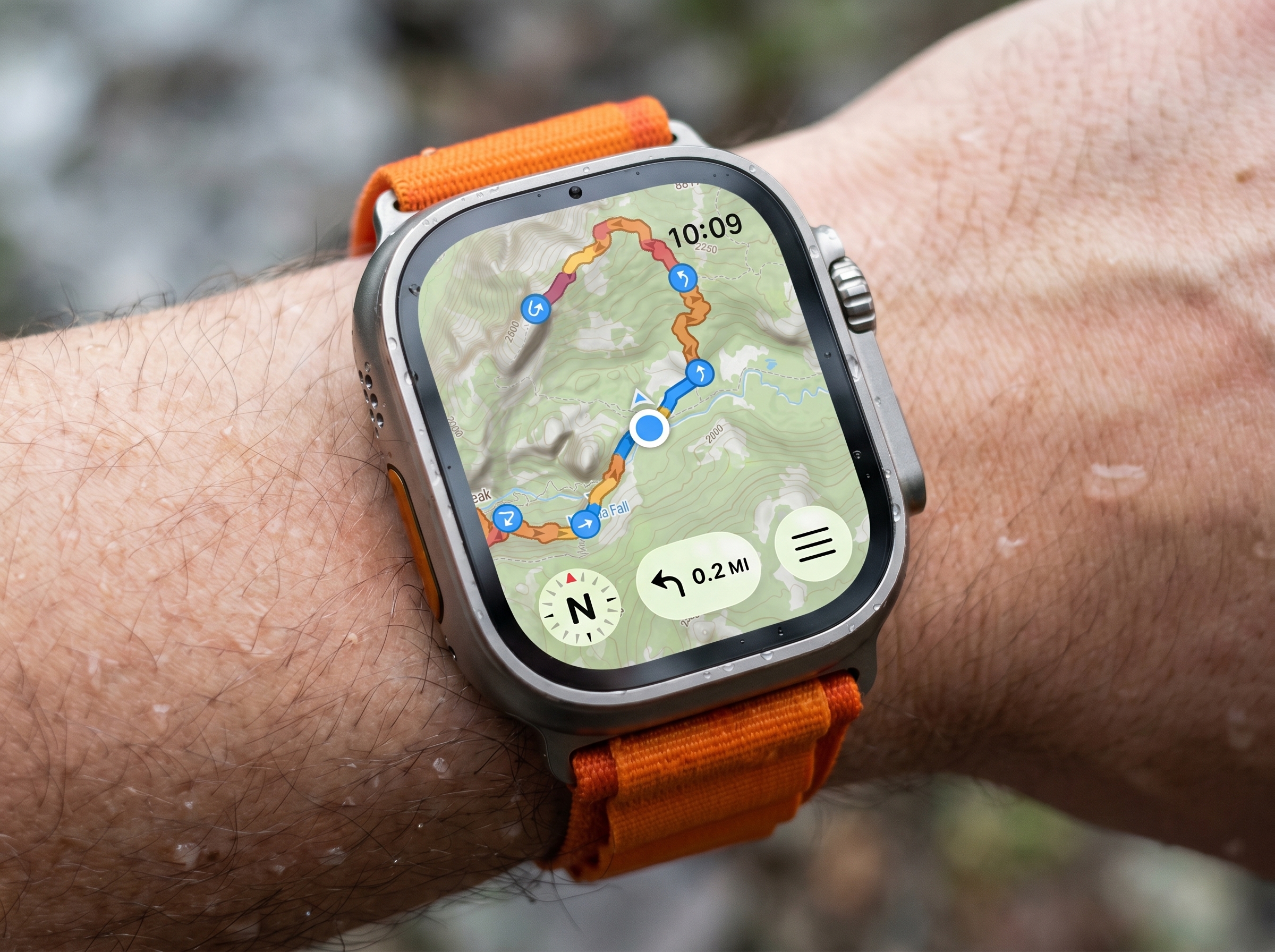 WristTopo main map screen on Apple Watch showing a colour-coded route