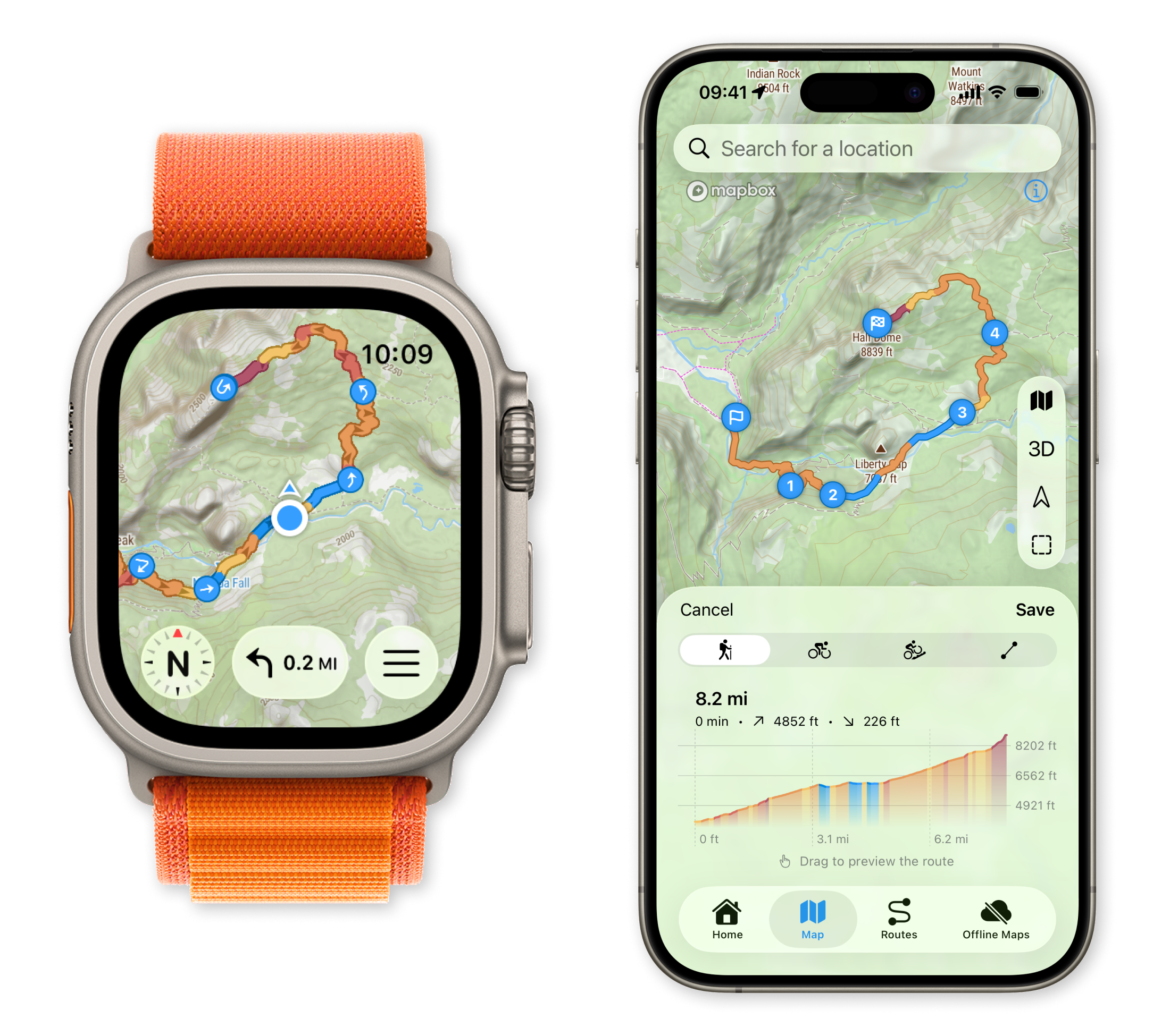 WristTopo planned route shown on Apple Watch and iPhone app side by side with elevation profile