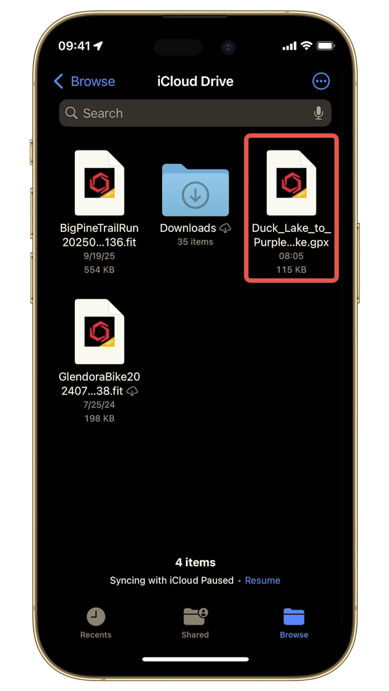 Saving AllTrails GPX route file to iCloud before manual COROS import