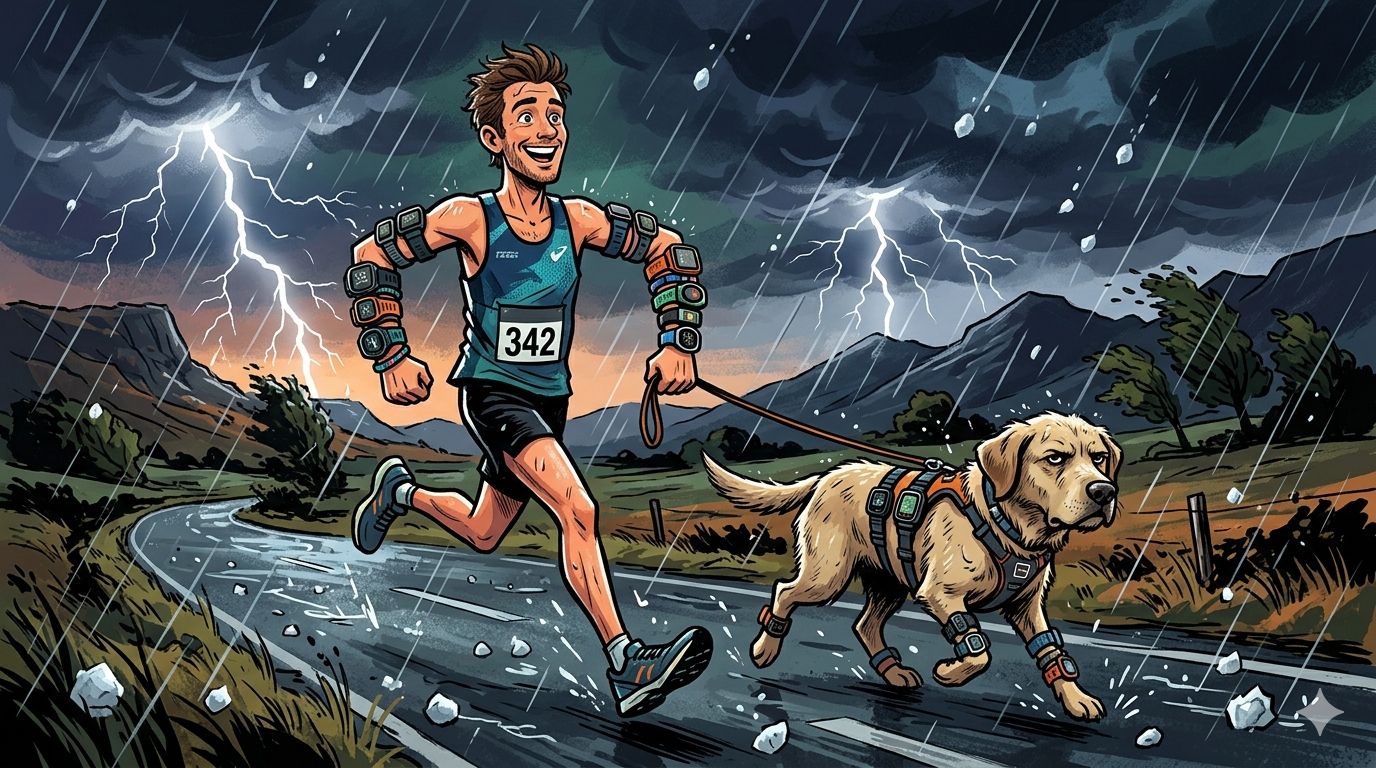 Runner testing Fitbit Air in a storm with dog on a 10-mile heart rate accuracy test route