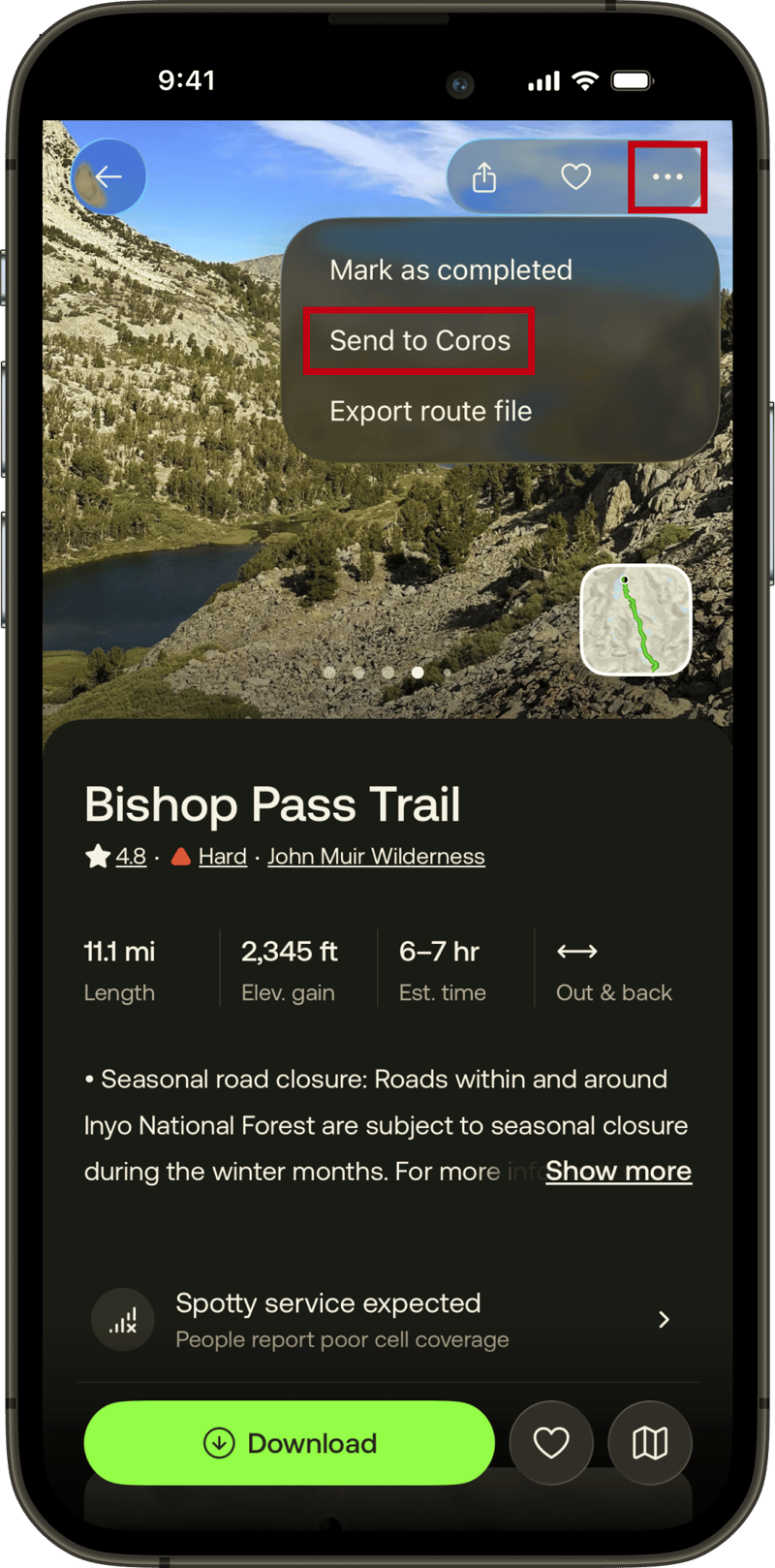 AllTrails app showing Send to COROS button in route overflow menu