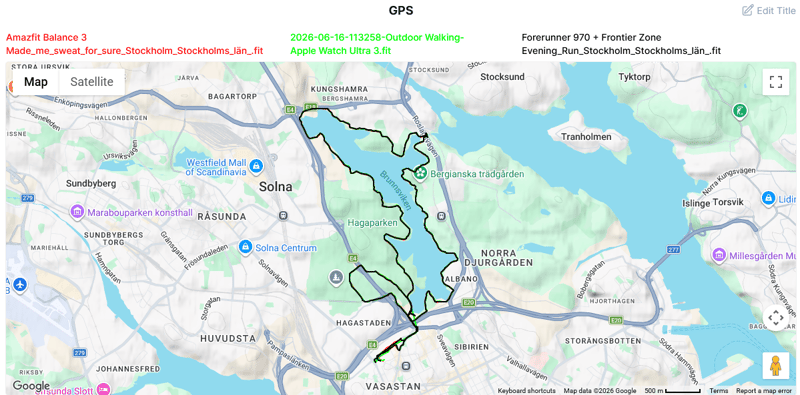 Stockholm run GPS route overview comparing Amazfit Balance 3, Apple Watch Ultra 3 and Garmin Forerunner 970