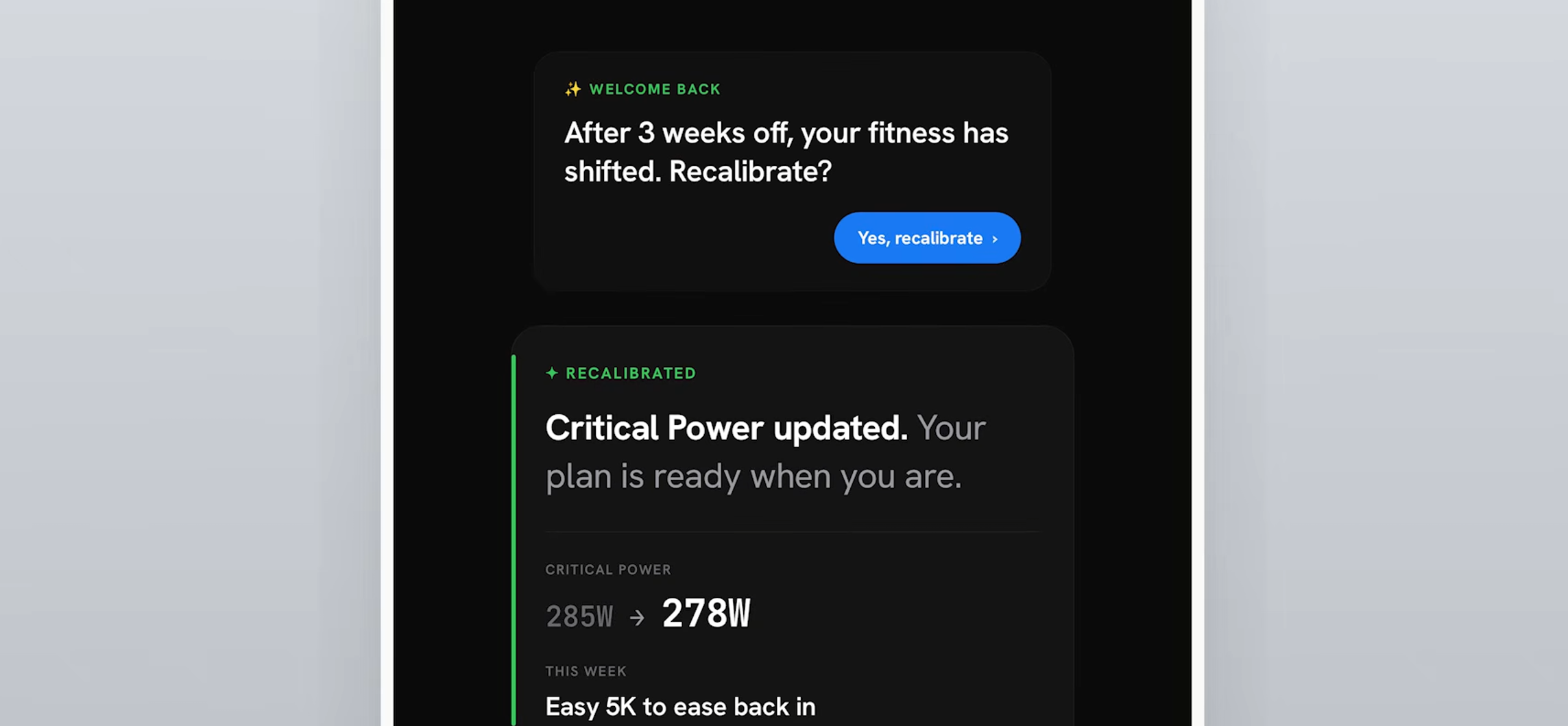 Stryd Assistant prompting a Critical Power recalibration workout after three weeks off training