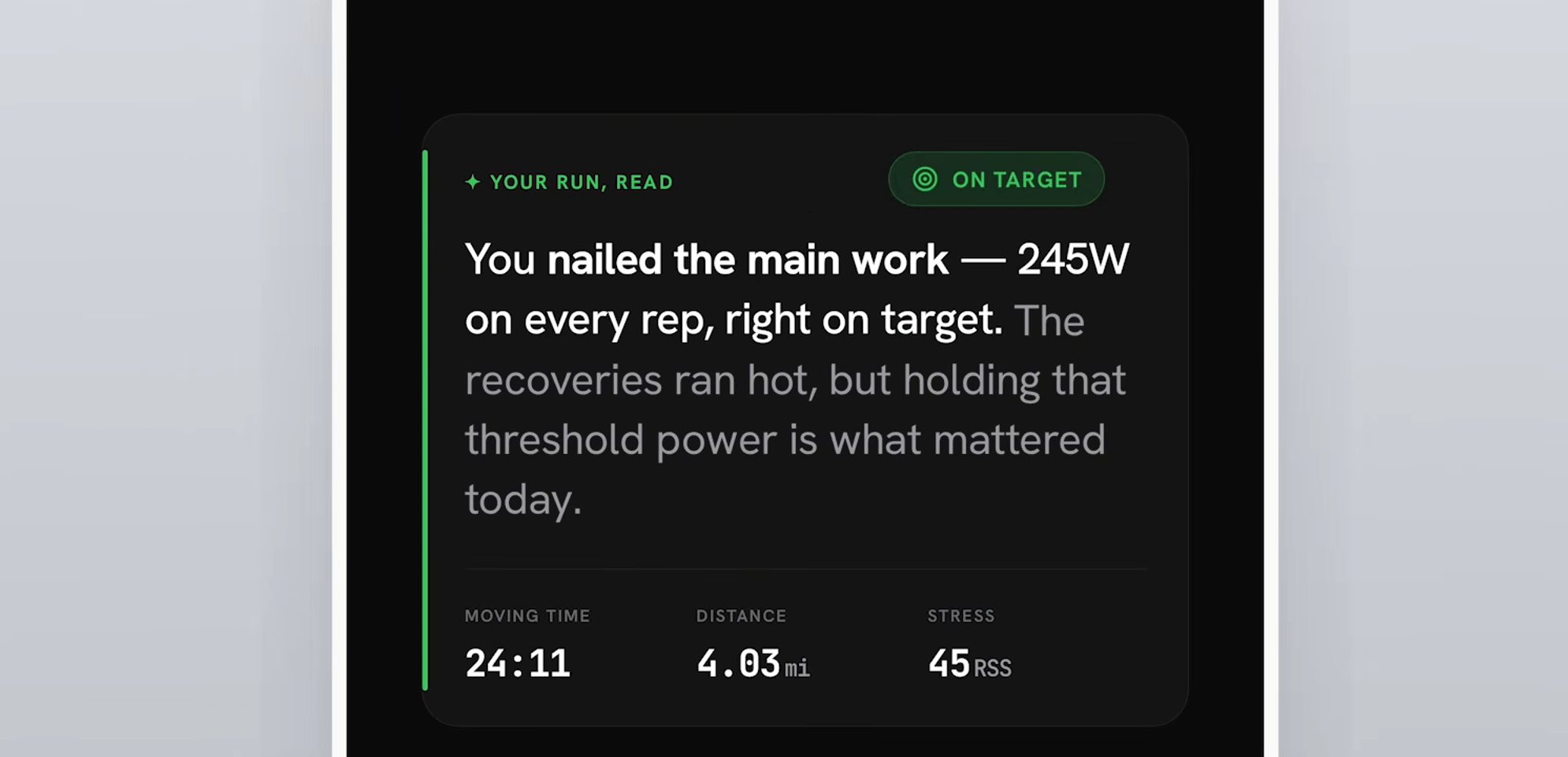 Stryd Assistant Recap screen showing post-run workout compliance and power feedback