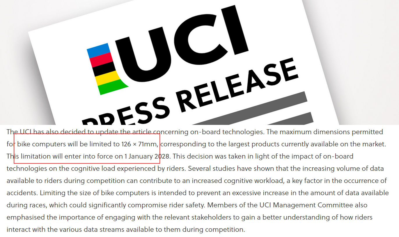 UCI press release confirming 126 x 71mm maximum bike computer size limit from January 2028