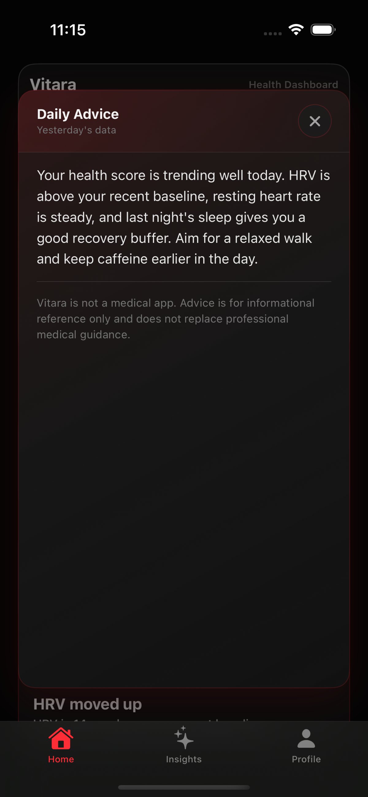 Vitara daily AI insight overlay showing a plain-language summary of recent Apple Health trends and changes for the user.