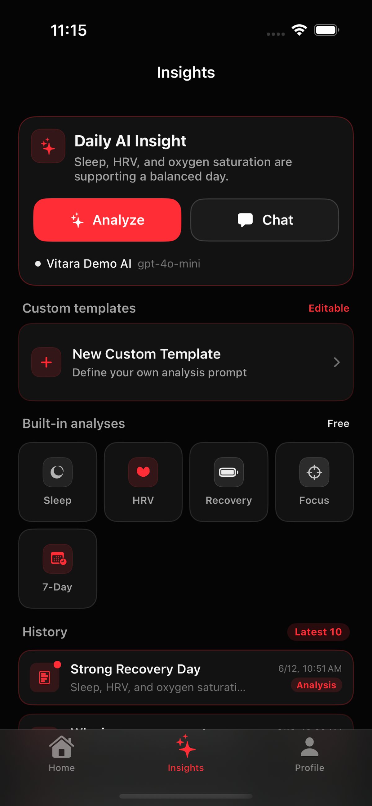 Vitara analysis templates screen showing built-in templates for guided exploration of Apple Health data across HRV, sleep, exertion and recovery.