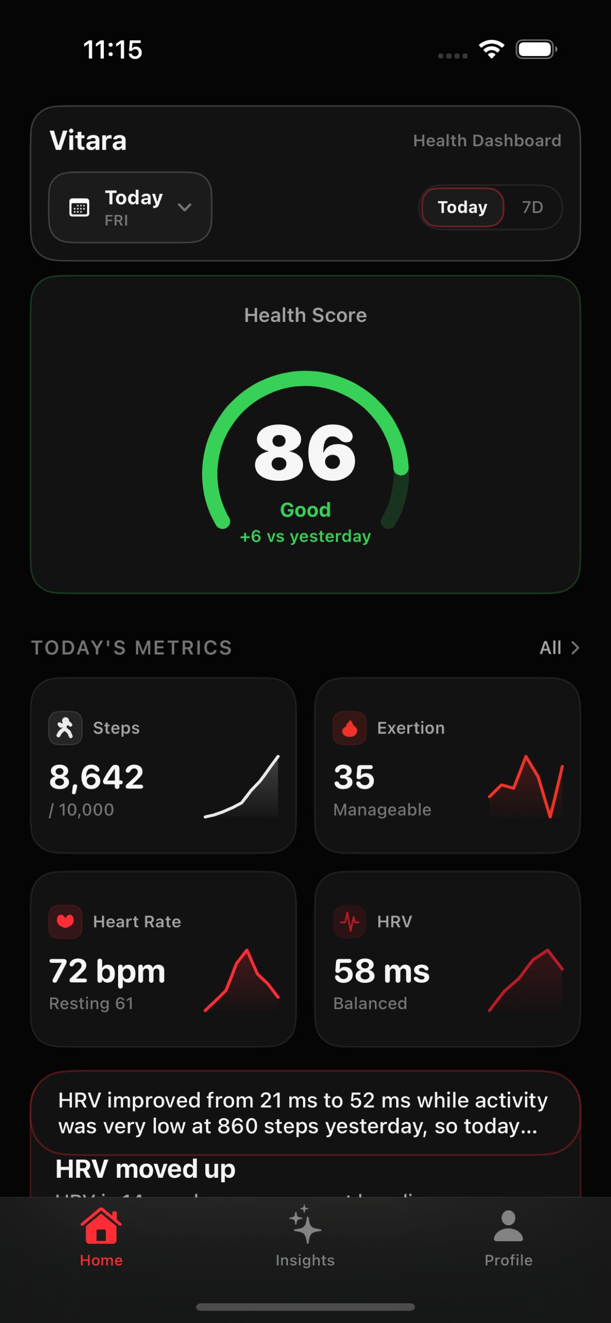 Vitara dashboard on iPhone showing the health score, steps, exertion, heart rate, HRV and the local What Changed card highlighting recent movement in Apple Health data.