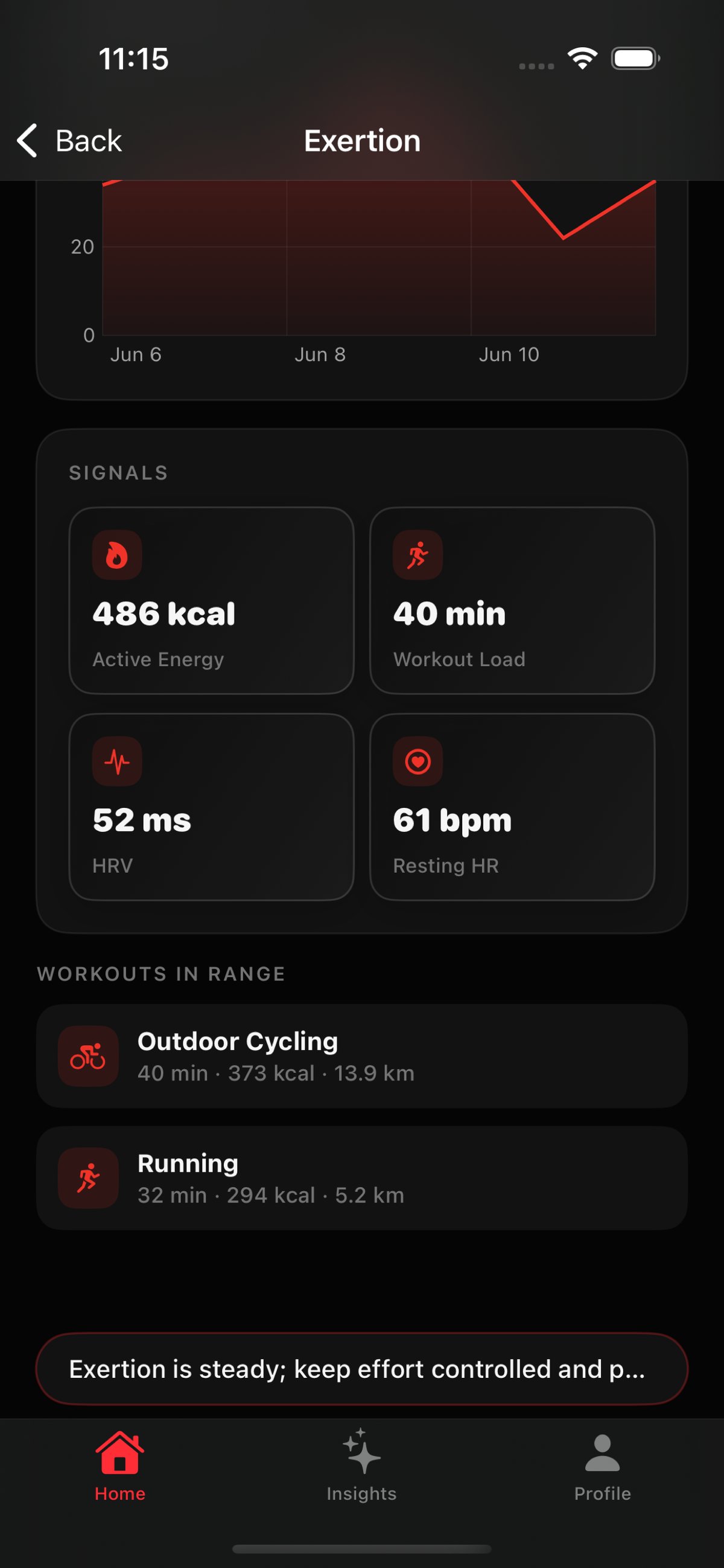 Vitara exertion detail showing active energy, workout load, HRV, resting heart rate and workouts in range for the day.