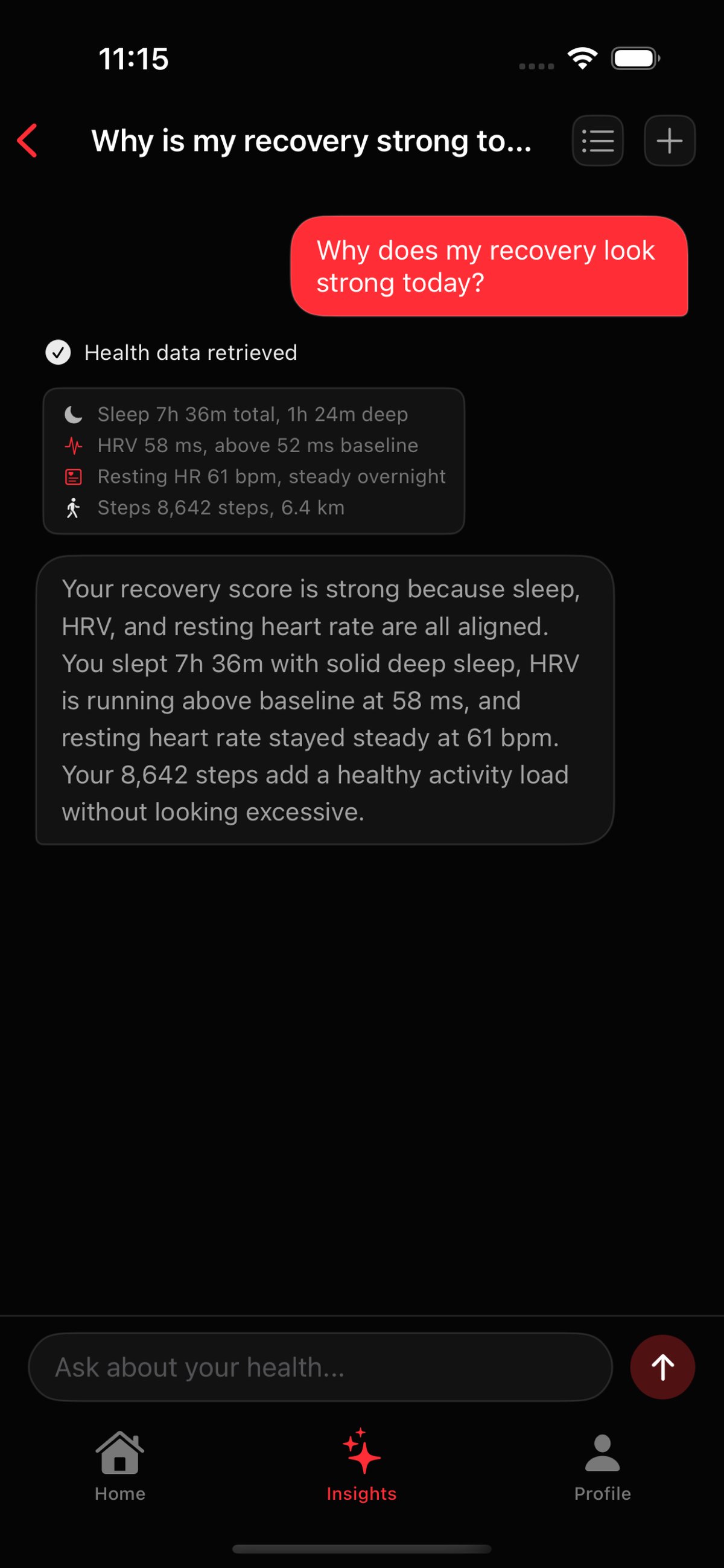 Vitara health chat showing the user asking a natural-language question about Apple Health data and receiving an AI answer with the underlying signals visible.