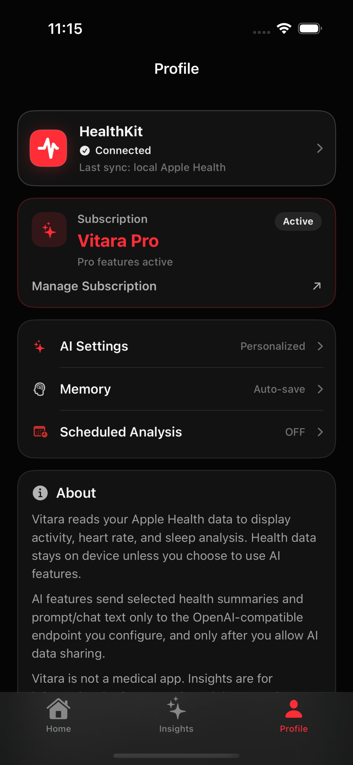 Vitara profile screen showing subscription status, HealthKit permissions, AI provider settings and Keychain-stored API key controls.