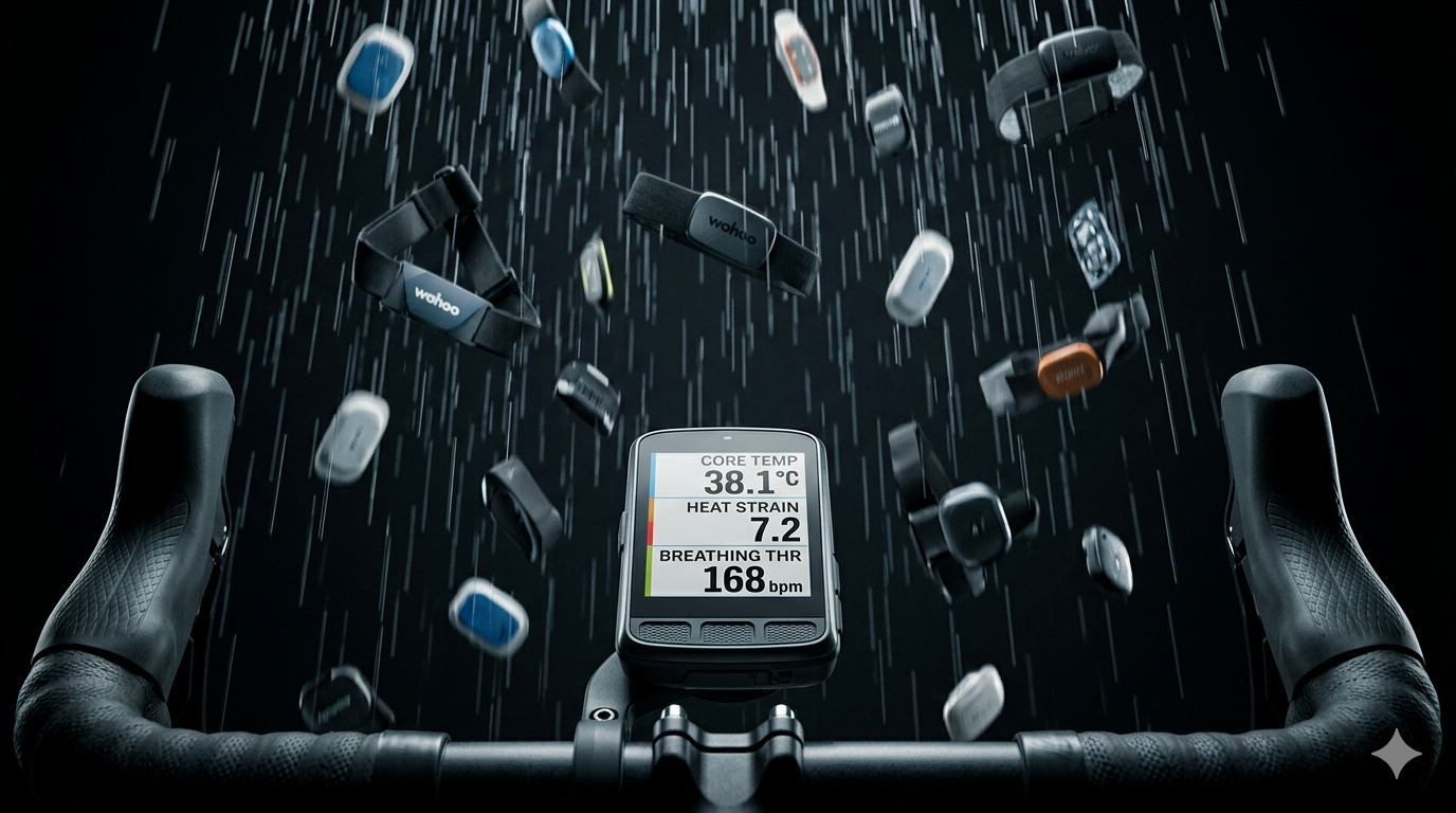 Wahoo ELEMNT ACE bike computer surrounded by a storm of physiological sensors including CORE, FLOWBIO, hDrop and Tymewear