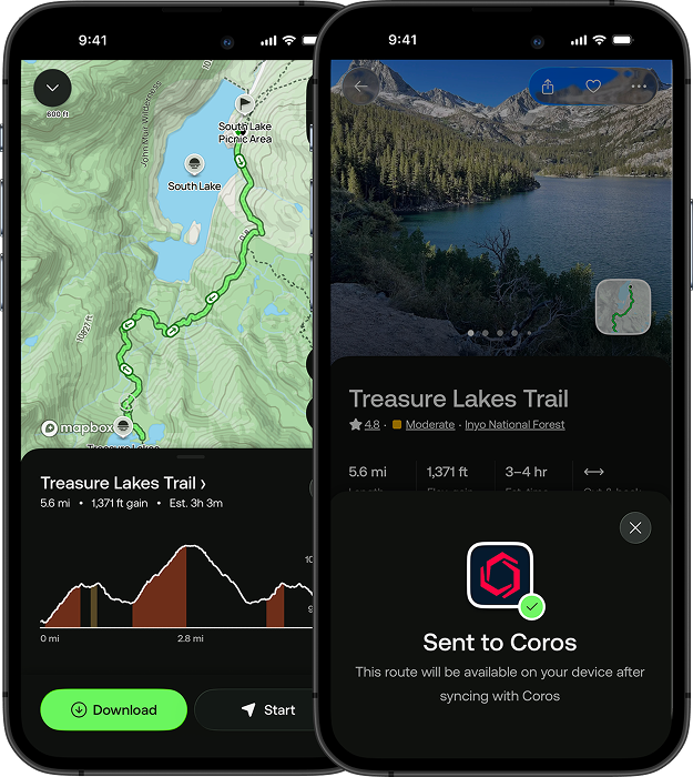 AllTrails route synced to COROS watch for real-time trail navigation