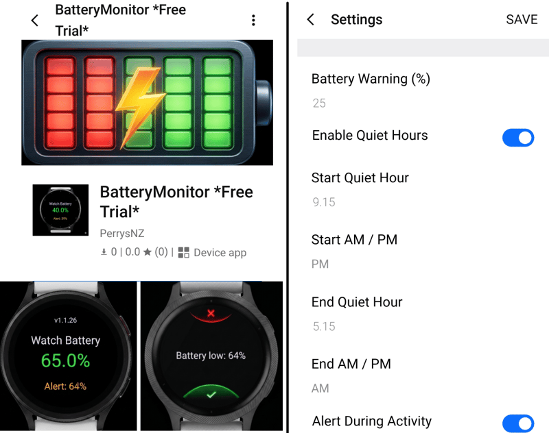 Garmin Connect IQ Battery Monitor and Alert widget showing a low battery warning on a Venu watch
