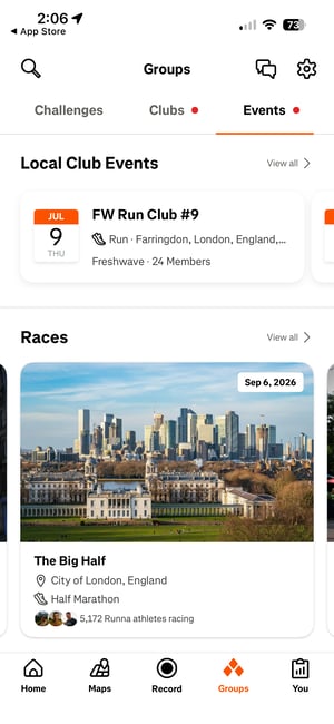 Strava race discovery tiles in the Events tab of the Groups section
